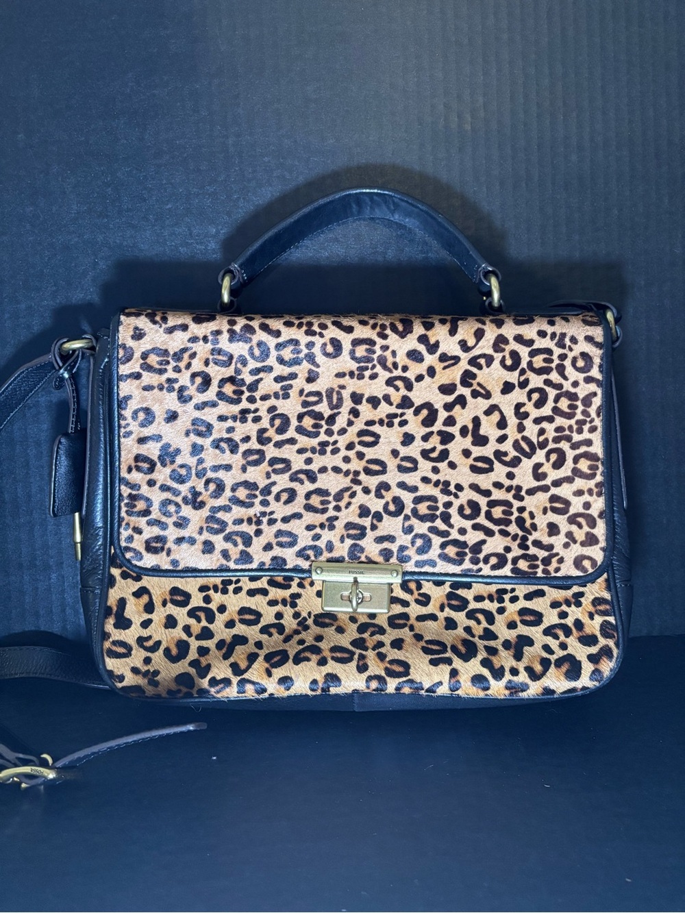 FOSSIL Leopard Print Top-Handle Satchel Bag - Black Trim